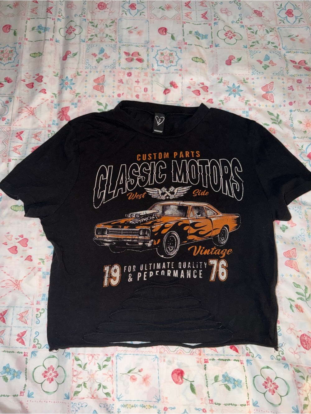 Windsor Black Crop Tee with Orange Car Graphic and distressed front
